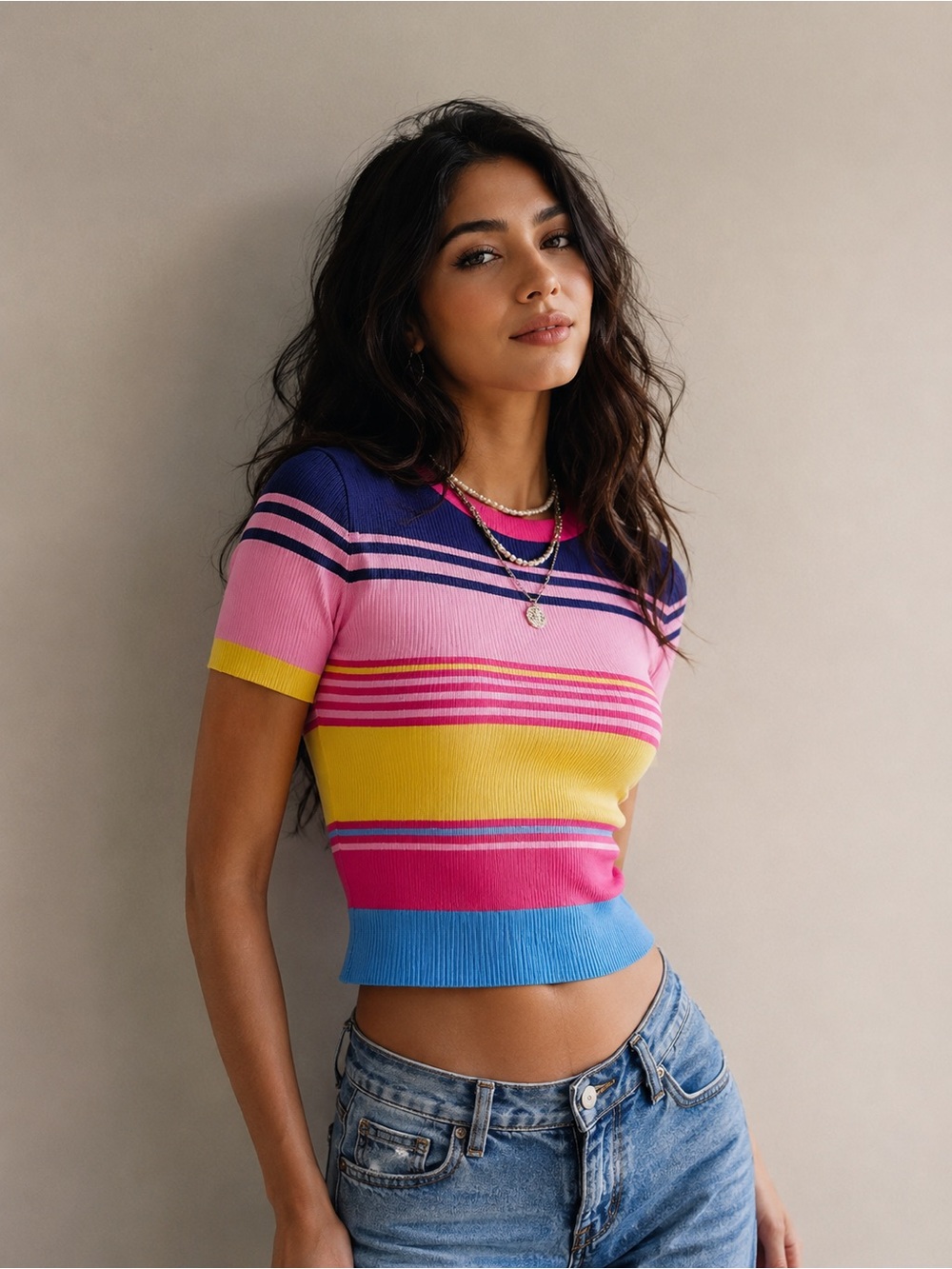 One Eleven North Women's Colorful Pink Yellow Blue Striped Tee Sz M